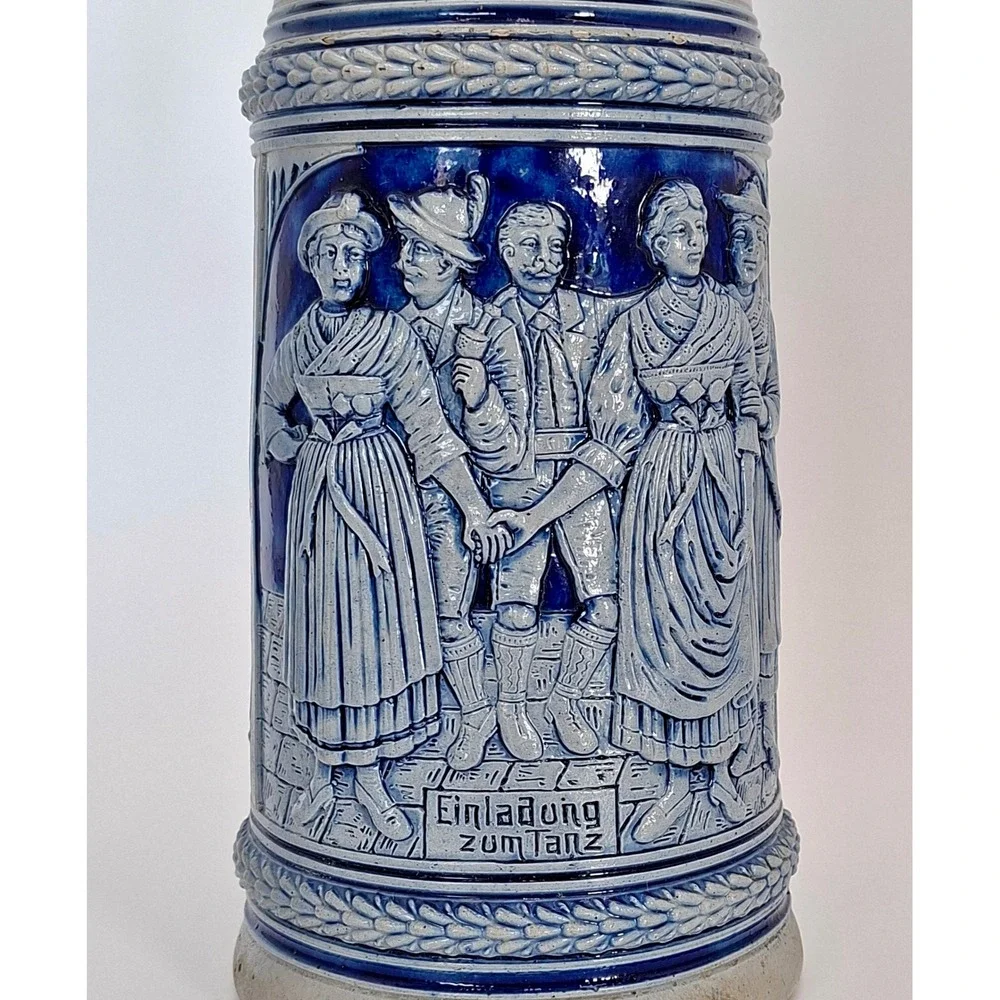 Vintage German 1L Beer Stein Cobalt Relief Pewter Lid #789 Einladung zum Tanz